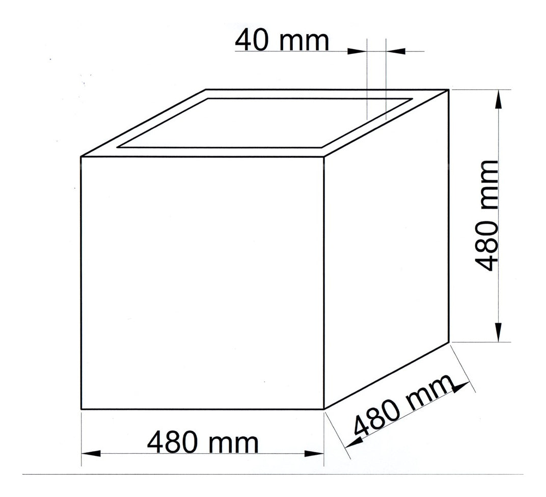 Technische Maßzeichnung Pflanzkübel Fiberglas quadratisch 48x48x48cm mit Maßen in Millimeter