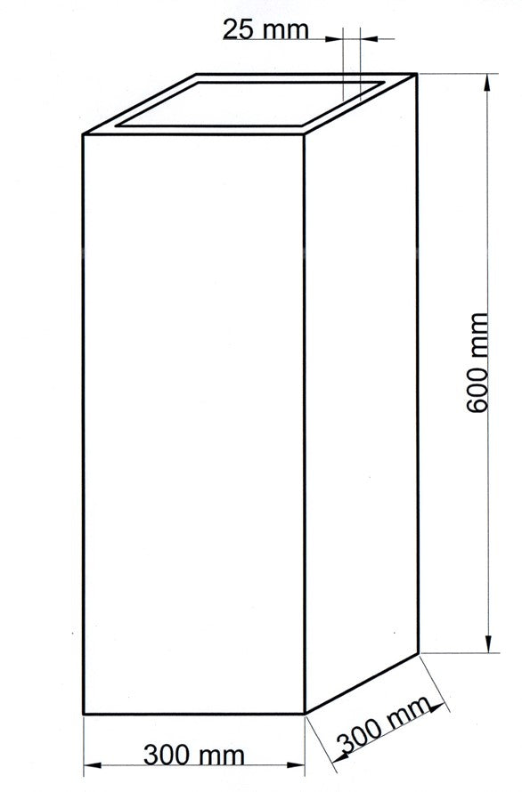 Technische Maßzeichnung Pflanzkübel Fiberglas Säule 30x30x60cm mit Maßen in Millimeter