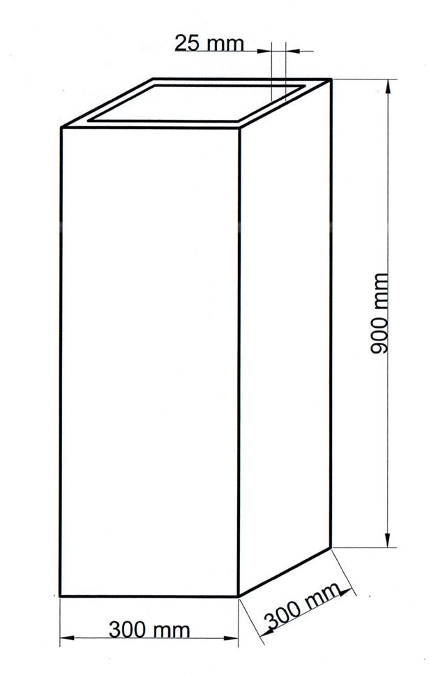 Technische Maßzeichnung Pflanzkübel Fiberglas Säule 30x30x90cm mit Maßen in Millimeter