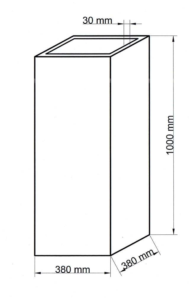 Technische Maßzeichnung Pflanzkübel Fiberglas Säule 38x38x100cm mit Maßen in Millimeter
