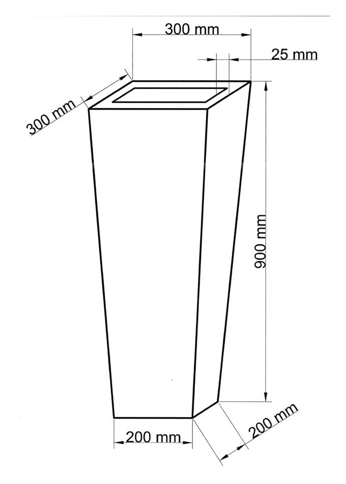 Technische Maßzeichnung Pflanzkübel Fiberglas Säule konisch 30x30x90cm mit Maßen in Millimeter
