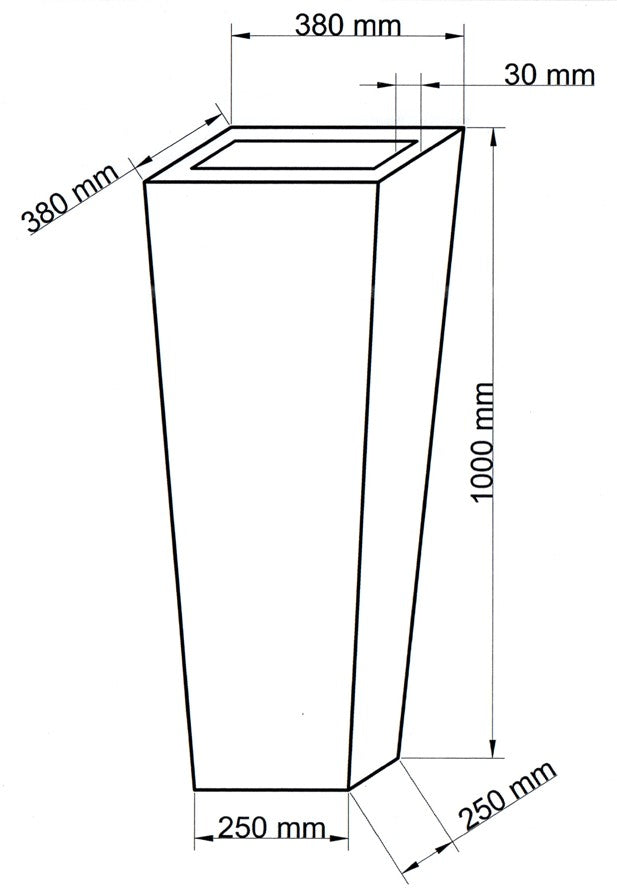Technische Maßzeichnung Pflanzkübel Fiberglas Säule konisch 38x38x100cm mit Maßen in Millimeter