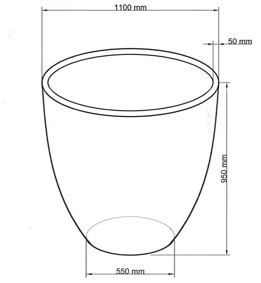 Technische Maßzeichnung Pflanzkübel Fiberglas rund konisch D110xH95cm mit Maßen in Millimeter