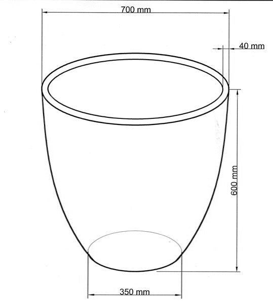 Technische Maßzeichnung Pflanzkübel Fiberglas rund konisch D70xH60cm mit Maßen in Millimeter