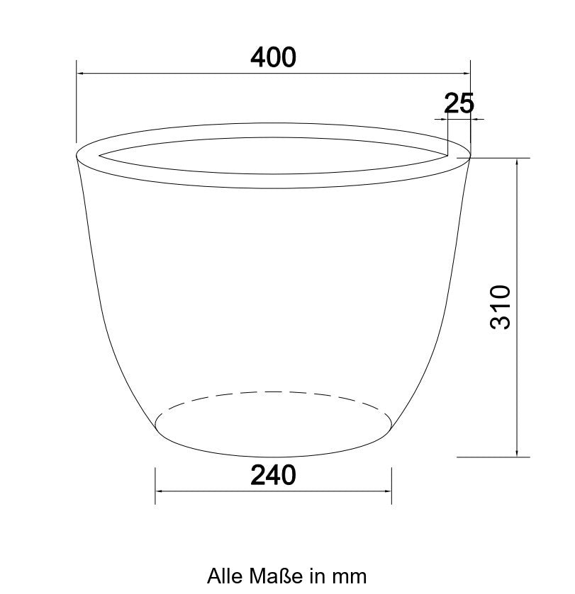 Technische Maßzeichnung Pflanzkübel Fiberglas rund konisch D40xH31cm mit Maßen in Millimeter