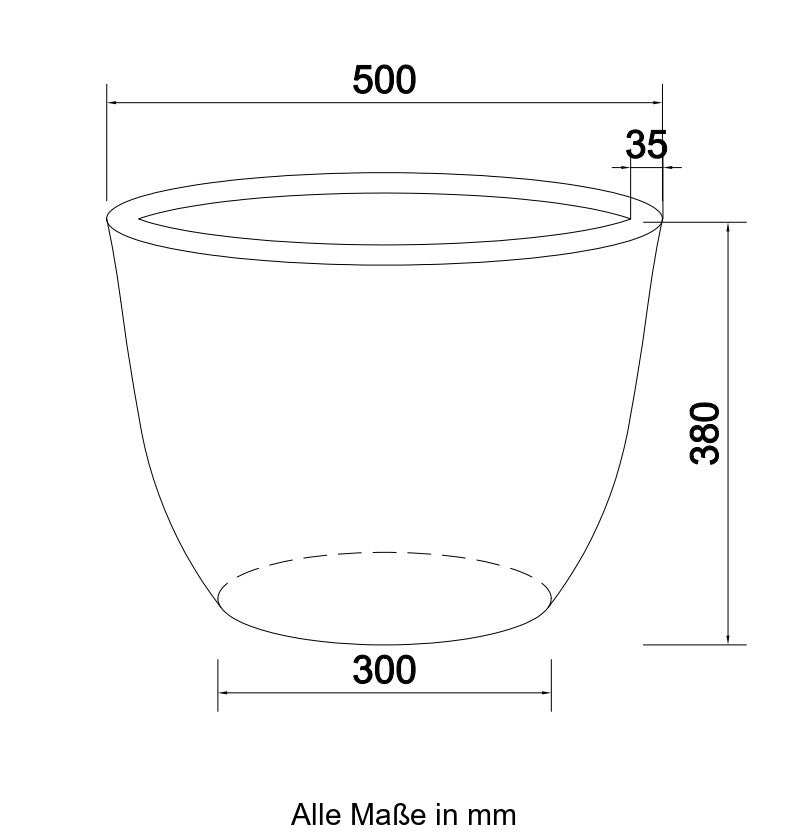 Technische Maßzeichnung Pflanzkübel Fiberglas rund konisch D50xH38cm mit Maßen in Millimeter