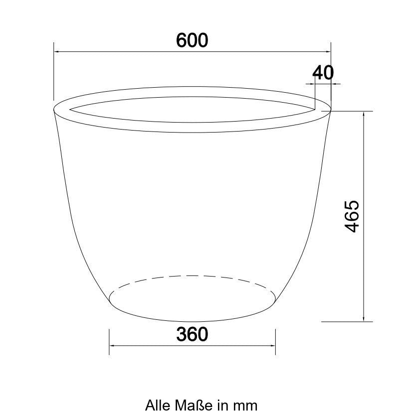 Technische Maßzeichnung Pflanzkübel Fiberglas rund konisch D60xH46,5cm mit Maßen in Millimeter