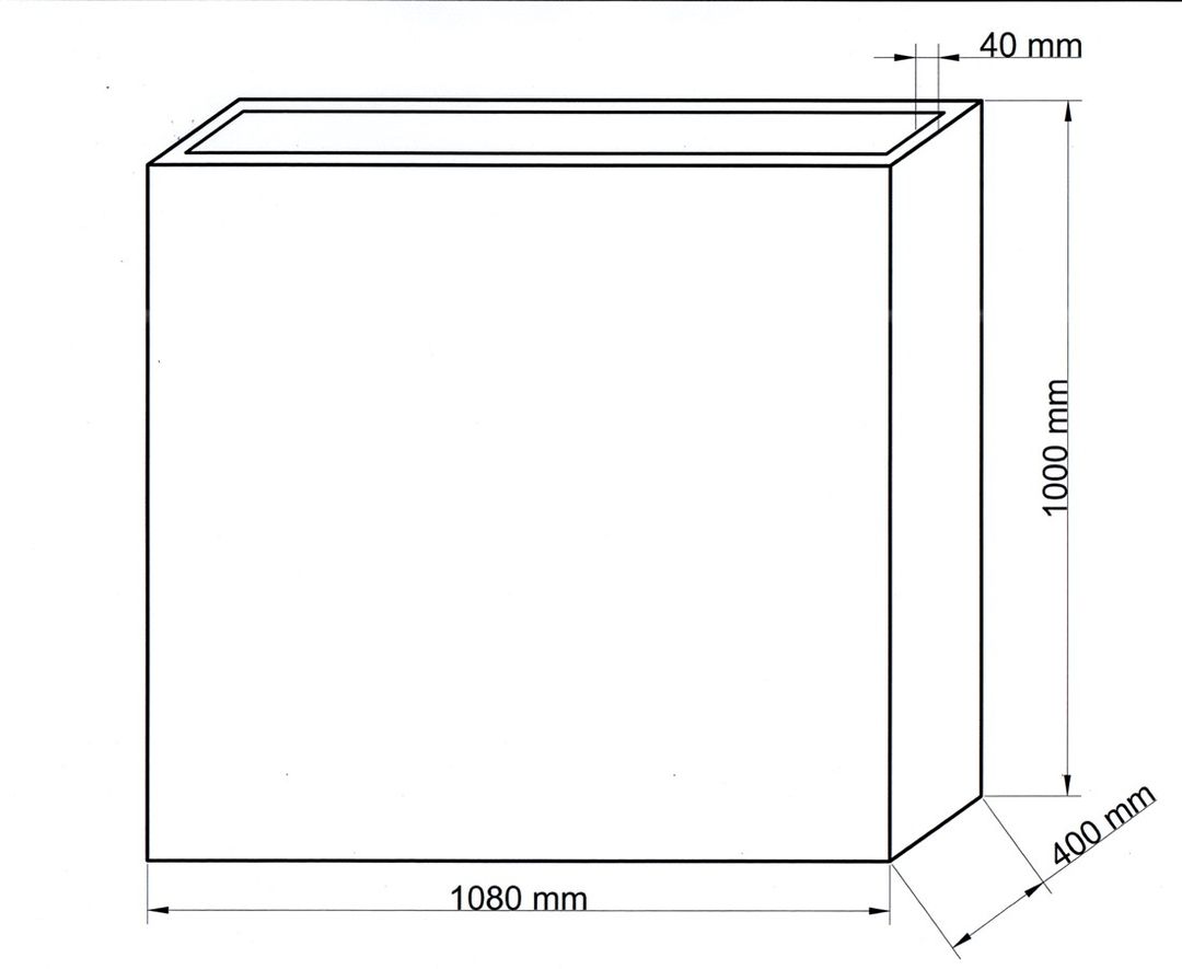 Technische Maßzeichnung Pflanzkübel Fiberglas rechteckig 108x40x100cm mit Maßen in Millimeter