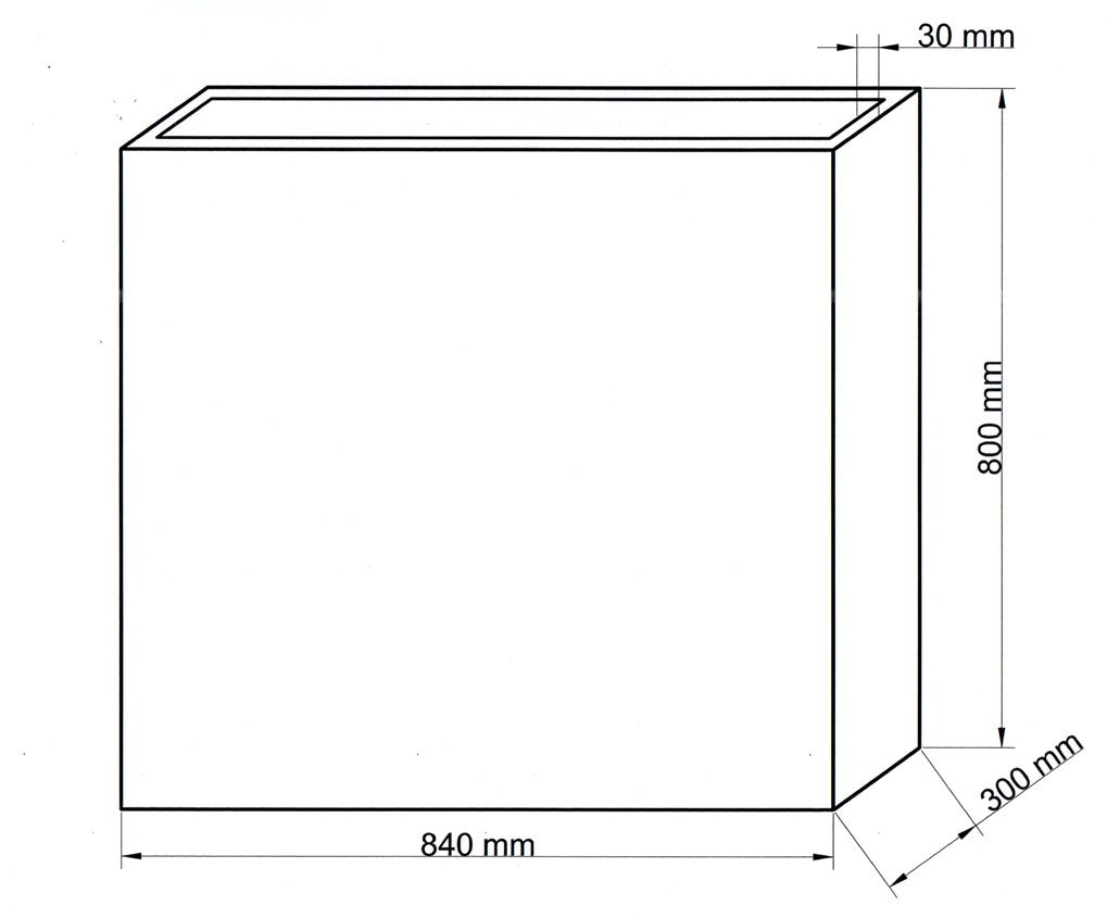 Technische Maßzeichnung Pflanzkübel Fiberglas rechteckig 84x30x80cm mit Maßen in Millimeter