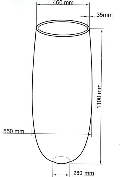 Technische Maßzeichnung Pflanzkübel Fiberglas rund konisch D55xH110cm mit Maßen in Millimeter