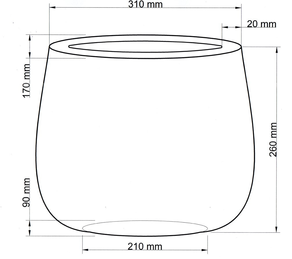 Technische Maßzeichnung Pflanzkübel Fiberglas oval 31x17x26cm mit Maßen in Millimeter