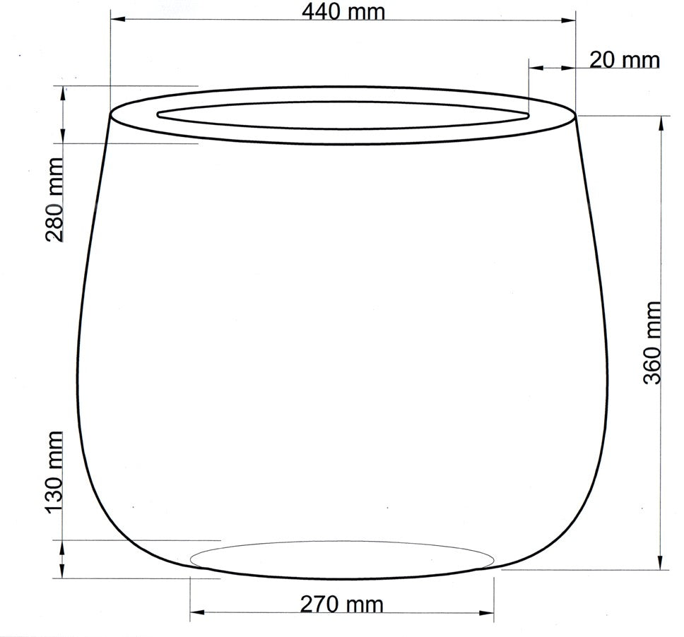 Technische Maßzeichnung Pflanzkübel Fiberglas oval 44x28x36cm mit Maßen in Millimeter