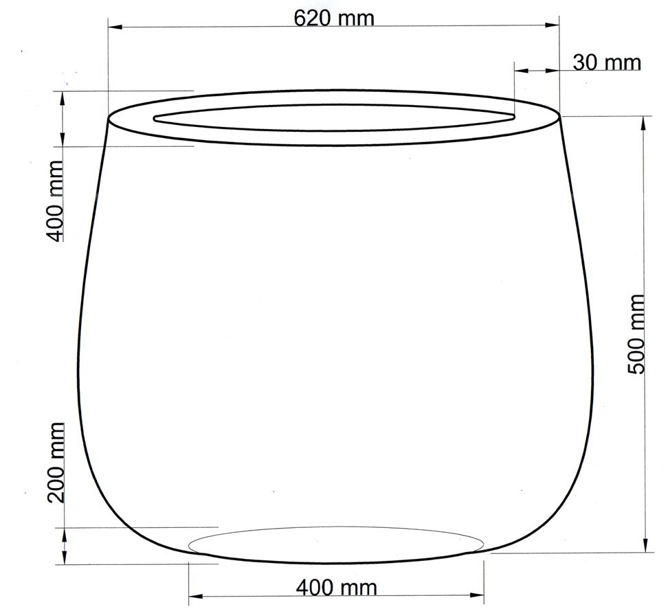 Technische Maßzeichnung Pflanzkübel Fiberglas oval 62x40x50cm mit Maßen in Millimeter