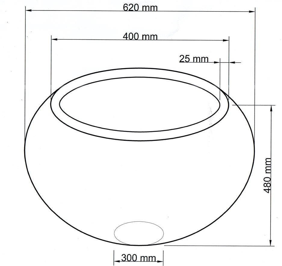 Technische Maßzeichnung Pflanzkübel Fiberglas Ball D62xH48cm mit Maßen in Millimeter