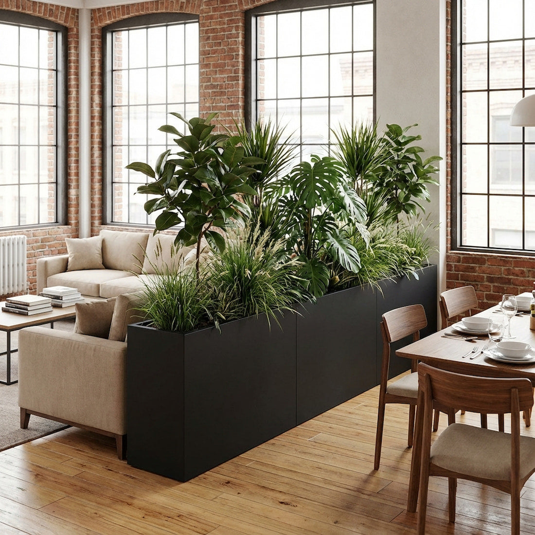 Langer schwarzer Pflanzkübel als Raumteiler mit üppigen Grünpflanzen in modernem Loft – Pflanztröge zur Zonierung von Wohn- und Büroräumen.