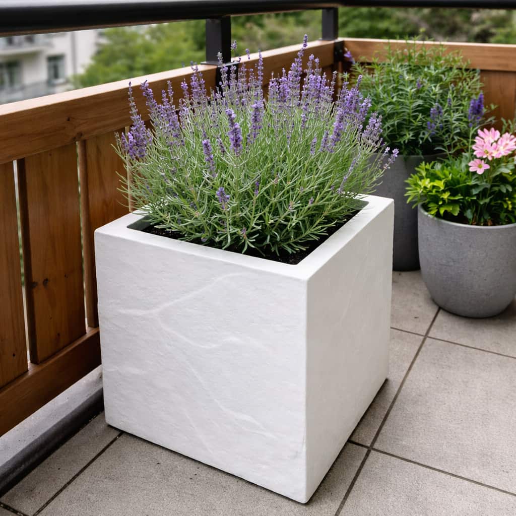 Pflanzkübel Fiberglas quadratisch Steinoptik weiß mit Lavendel auf Balkon [KI-Lifestyle]