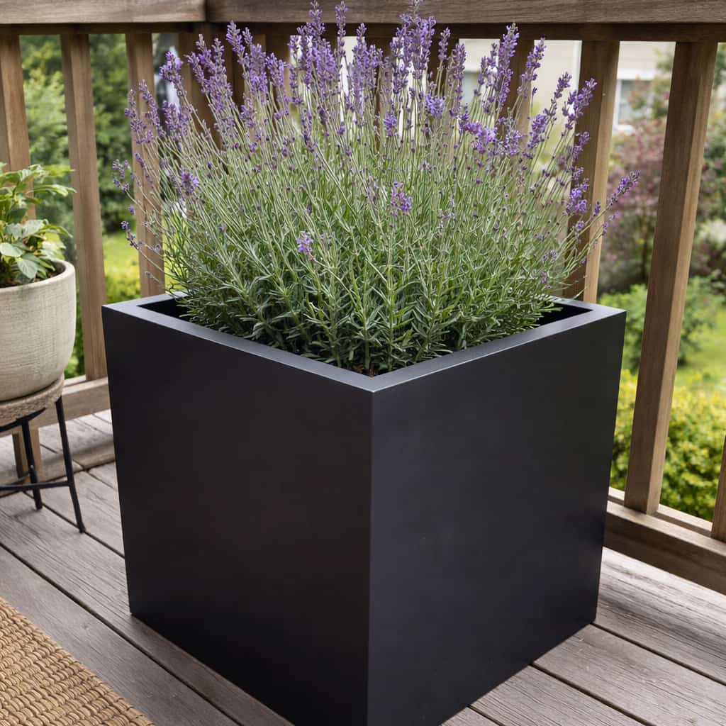 Pflanzkübel Fiberglas quadratisch schwarz-matt mit Lavendel auf Holzterrasse [KI-Lifestyle]