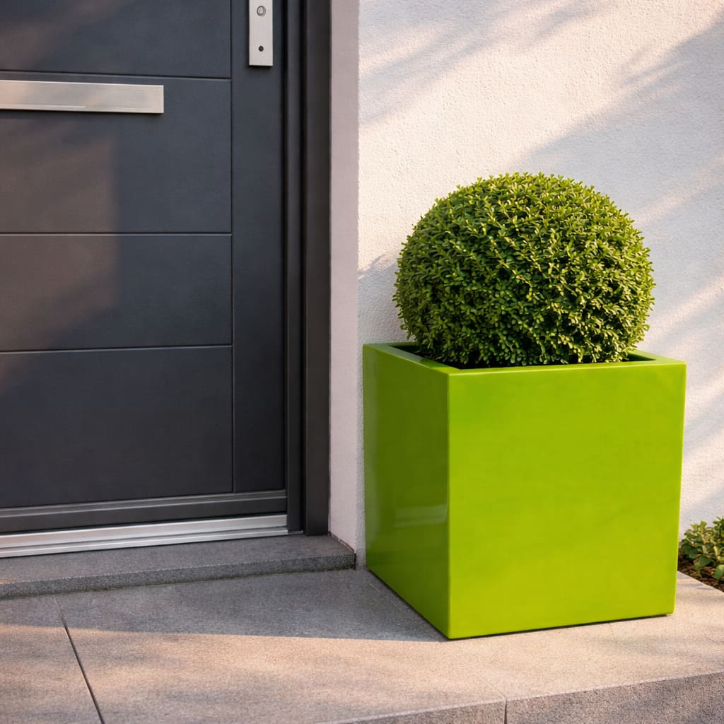 Pflanzkübel Fiberglas quadratisch hochglanz avocado grün mit Buchsbaum-Kugel am Hauseingang [KI-Lifestyle]