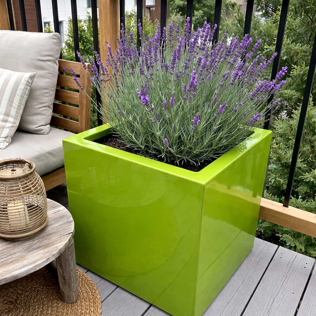 Pflanzkübel Fiberglas quadratisch hochglanz avocado grün mit Lavendel auf Holzbalkon [KI-Lifestyle]