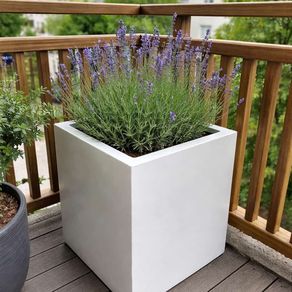 Pflanzkübel Fiberglas quadratisch hochglanz weiß mit Lavendel auf Holzbalkon [KI-Lifestyle]