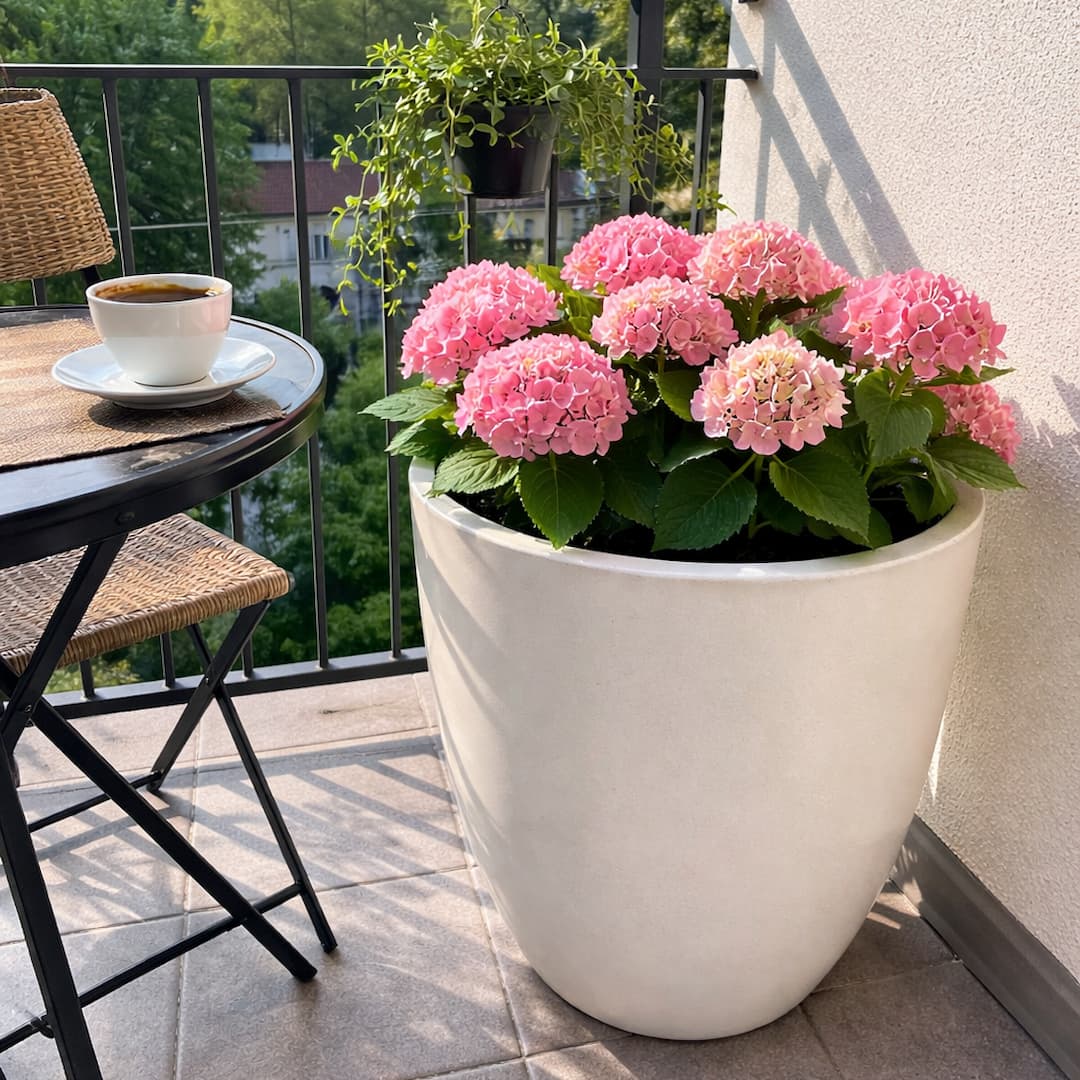 Pflanzkuebel Fiberglas rund konisch perlmutt weiss auf Balkon mit Hortensien [KI-Lifestyle]