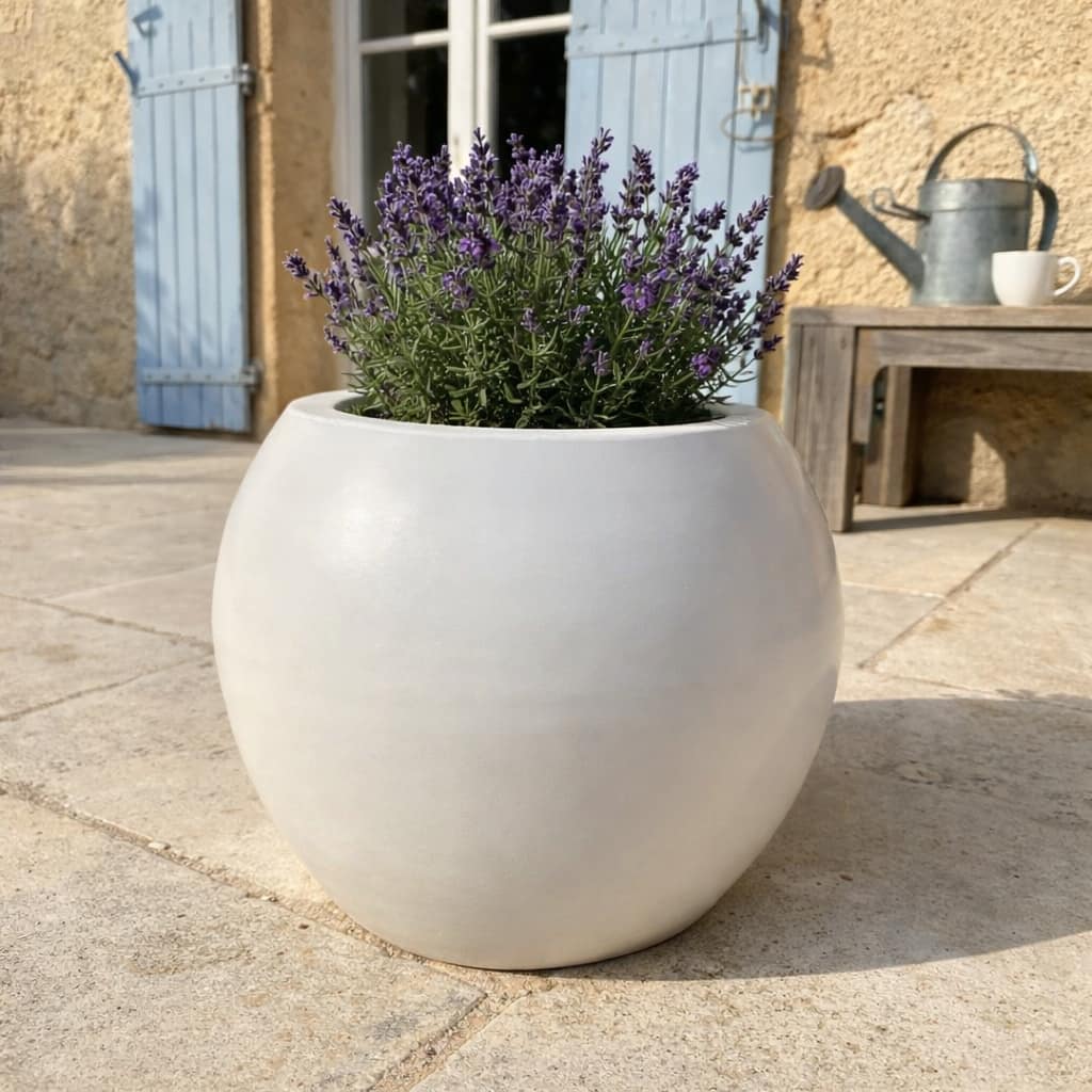 Pflanzkübel Fiberglas Ball perlmutt weiß mit Lavendel im provenzalischen Innenhof [KI-Lifestyle]