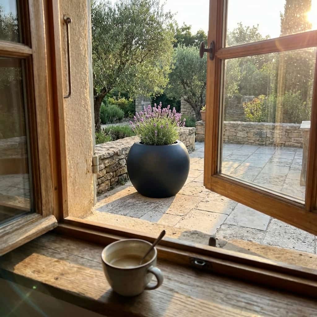 Pflanzkübel Fiberglas Ball schwarz matt mit Lavendel auf Fensterbank mit Gartenblick [KI-Lifestyle]