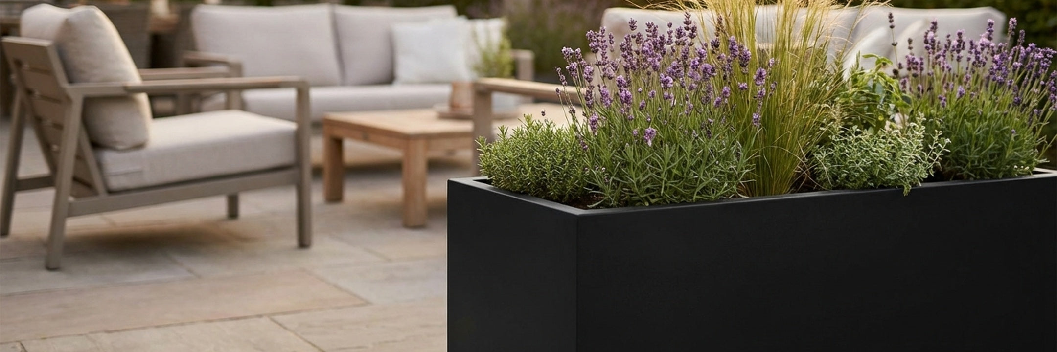 Großer schwarzer rechteckiger Pflanzkübel mit Lavendel vor gemütlicher Sitzgruppe im Außenbereich – stilvolle Terrassenbegrünung mit Pflanztrögen.