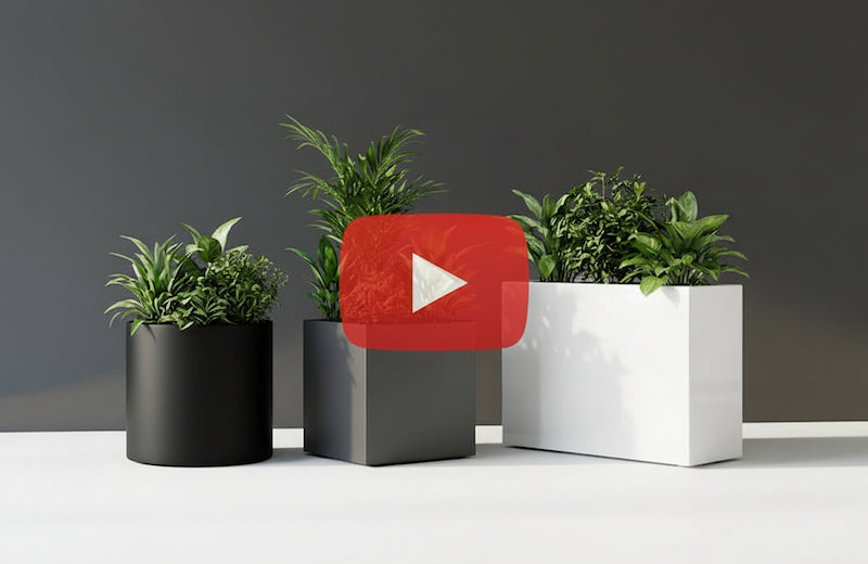 Drei moderne Pflanzkübel (rund, quadratisch und rechteckig) mit Grünpflanzen auf dunklem Hintergrund – Video-Vorschaubild.