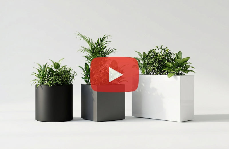 Drei moderne Pflanzkübel (rund, quadratisch und rechteckig) mit Grünpflanzen auf hellem Hintergrund – Video-Vorschaubild.