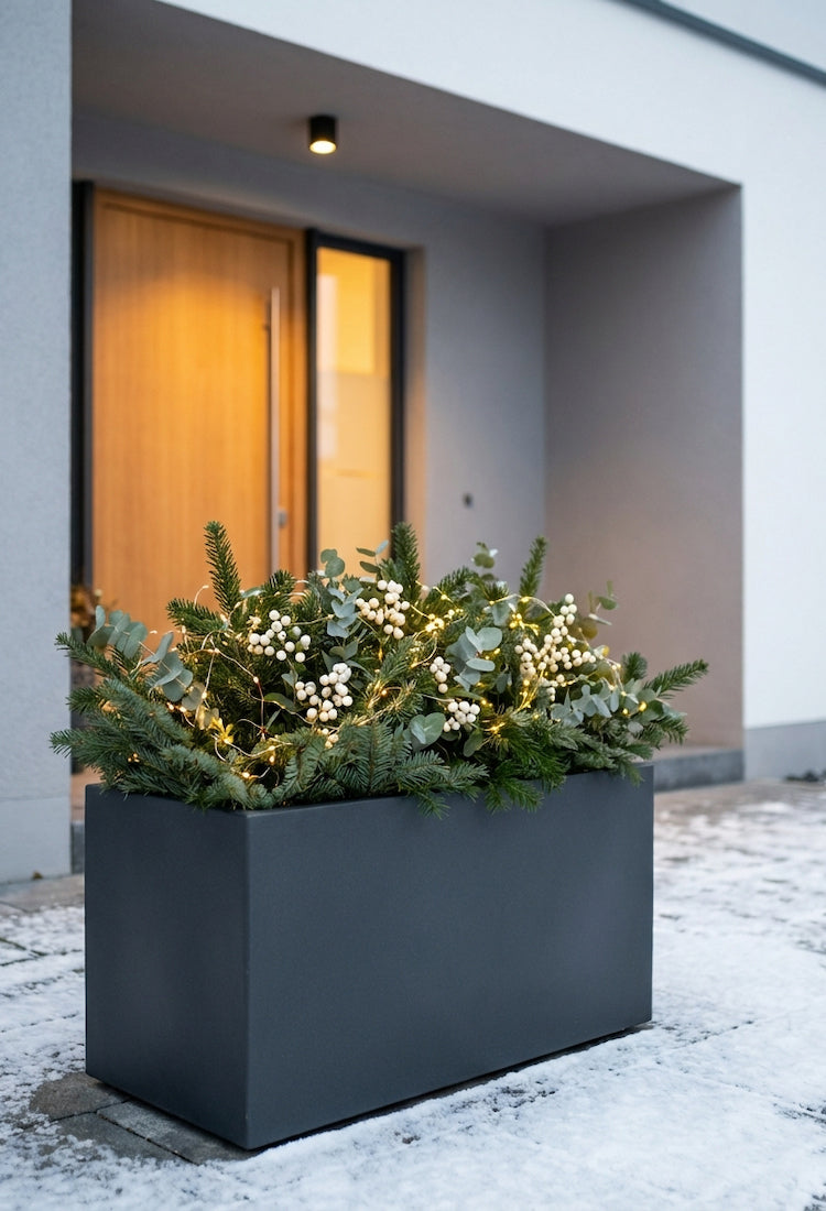Anthrazit metallener Pflanztrog mit winterlicher Tannen- und Eukalyptusdeko, Beeren und Lichterkette vor Hauseingang im Schnee – Outdoor-Pflanzkübel