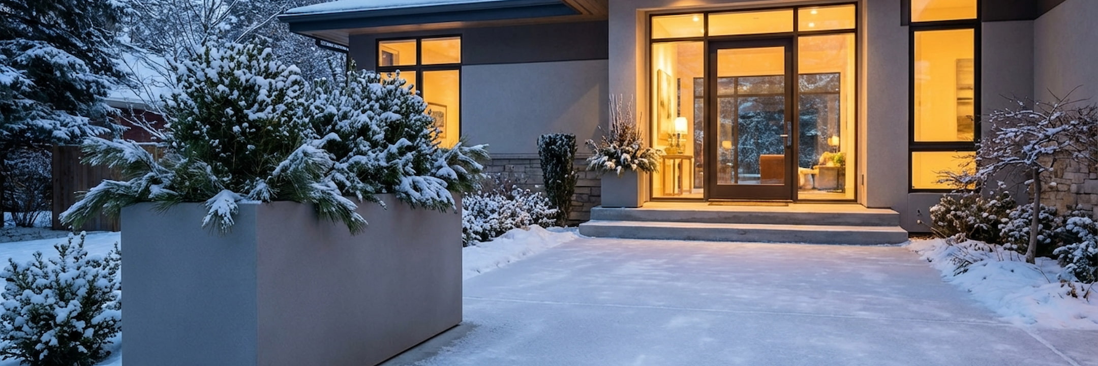 Großer grauer Pflanztrog mit winterlicher Tannen-Bepflanzung vor modernem Hauseingang im Schnee – Pflanzkübel für den Außenbereich